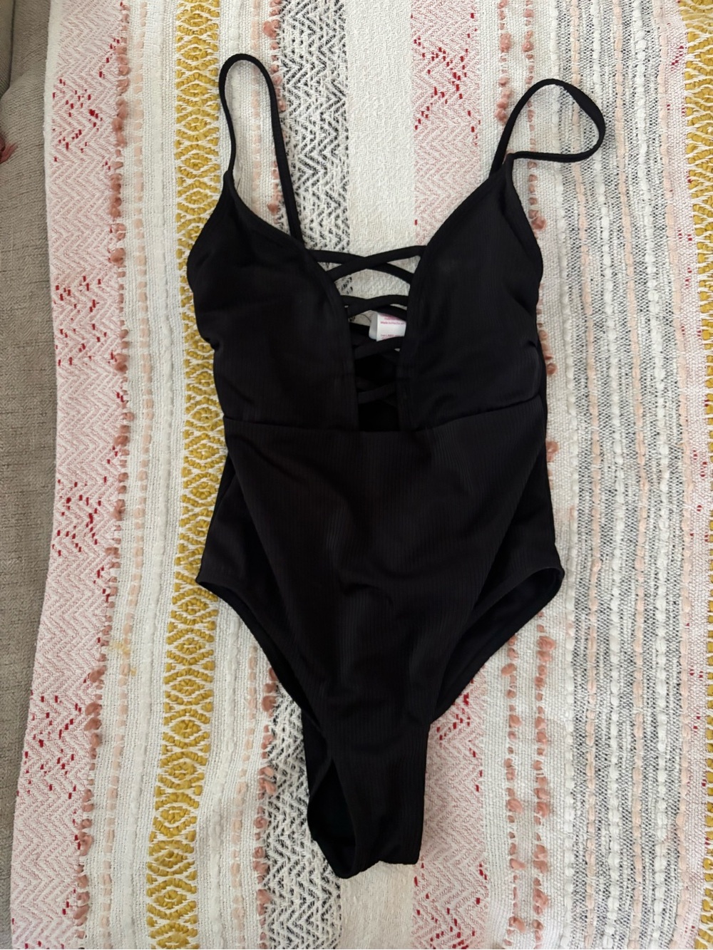 Xhilaration Black Ribbed Strappy One-Piece Swimsuit